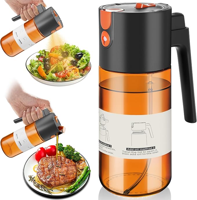 Upgrade 2 in 1 Oil Sprayer for Cooking, 17oz Light-Blocking Glass Olive Oil by OURCABECUE