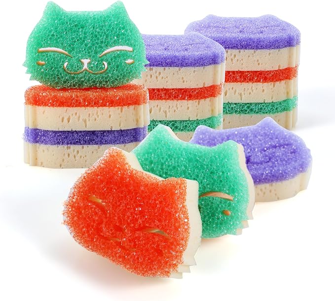 12 Pcs Scrubber Sponge Cat Smiley Shape Cleaning Sponge Double Sided Dish by CLEANHOME