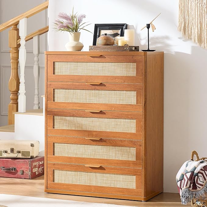 LEYAOYAO Dresser for Bedroom, Modern 5 Drawers Boho Rattan Dressers - Image 6