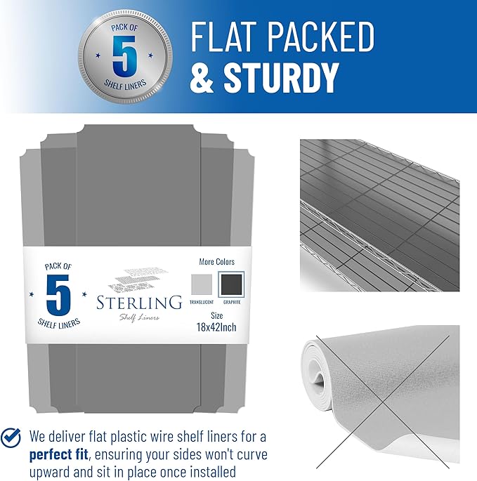 Shelf Liners for Wire Shelf System: Set of 5 in Graphite: 18 x 42 inch: Plastic - Image 3