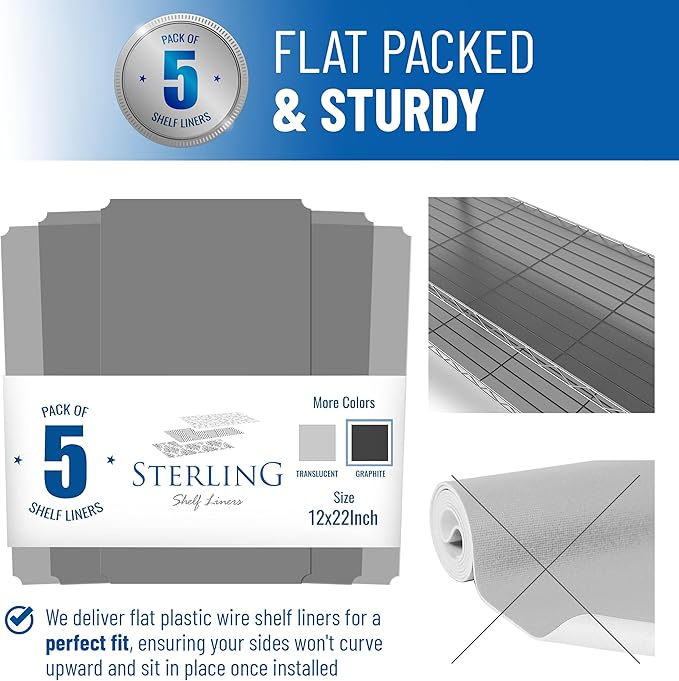 Shelf Liners for Wire Shelf System: Set of 5 in Graphite: 12 x 22 inch: Plastic - Image 3