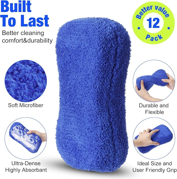 12 Pack Microfiber Car Wash Sponge 9" x 4.3" Large Sponges Two-Sided - Image 3