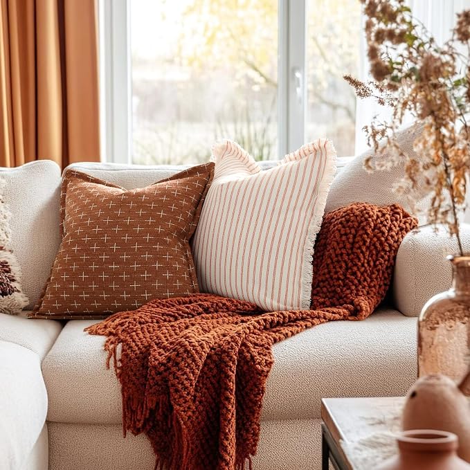 ZWJD Fall Throw Pillow Covers 26x26 Set of 2 Soft Polyester Textured Rust - Image 2