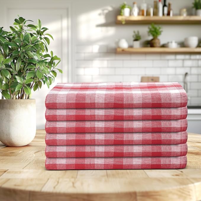 Christmas Kitchen Towels Set of 6 Red/White Checks, Reusable Cotton 20X30 - Image 7