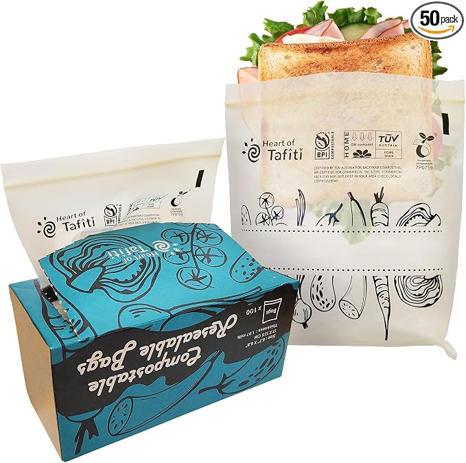 Compostable Food Storage Bags, Resealable Sandwich Bags, 6.7 x 6.8 inches by HeartofTafiti