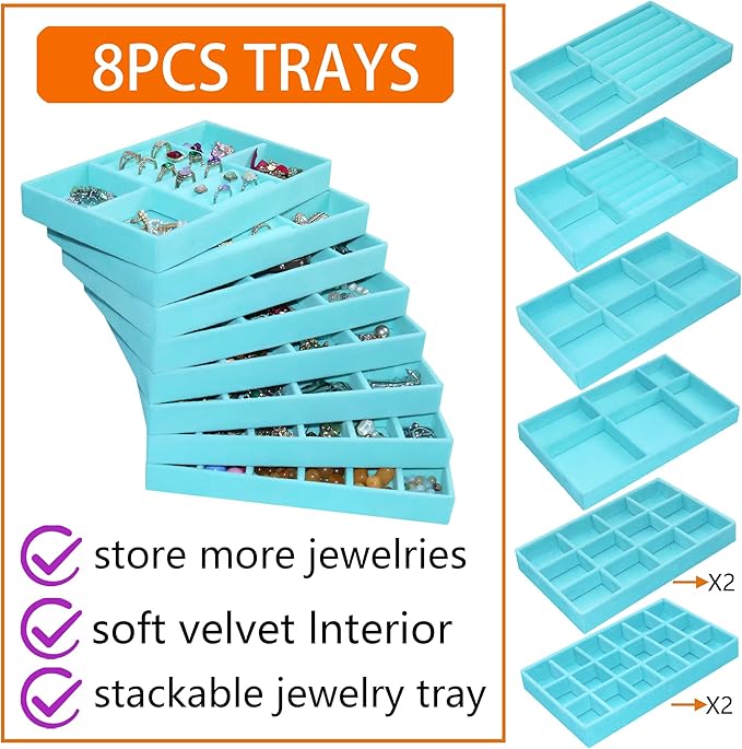 8 Pcs Velvet Jewelry Tray Stackable Jewelry Drawers Organizer Trays Rings - Image 3
