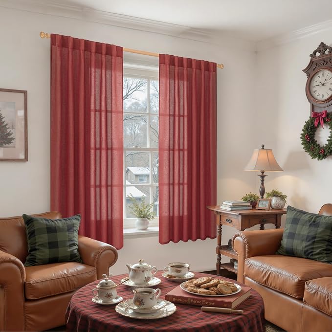 YoungsTex Red Linen Curtains 63 Inch Length 2 Panels - Image 2