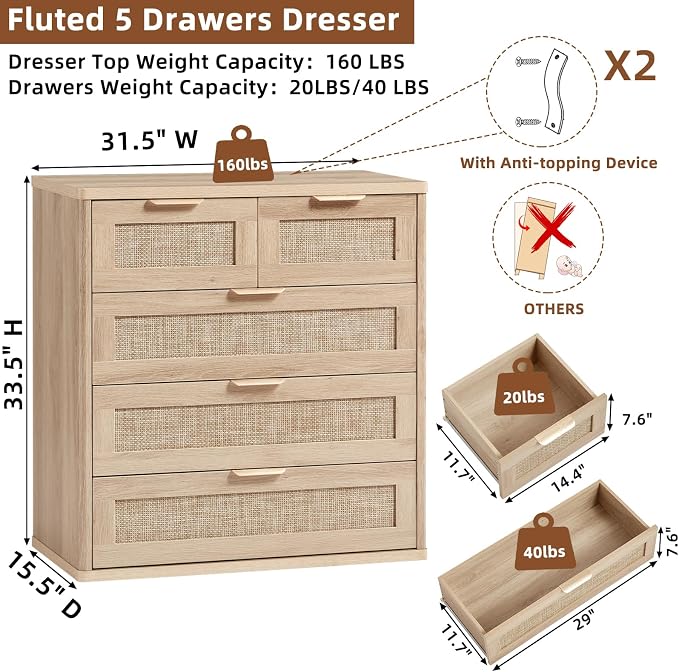 LEYAOYAO Rattan Dresser for Bedroom, 33.5" Tall Chest of Drawers, Modern 5 - Image 3