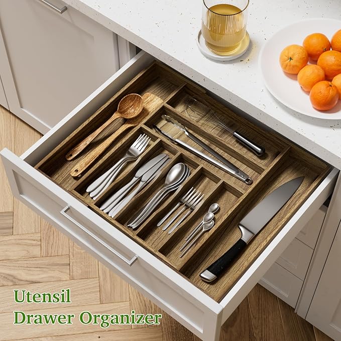 Acacia Wood Kitchen Silverware Drawer Organizer, Expandable Utensil Cutlery - Image 3