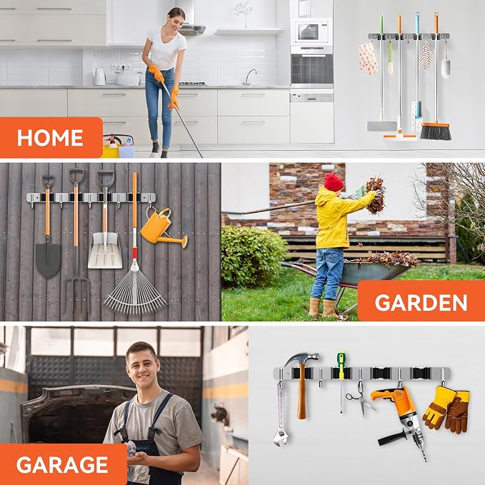 ZONGOOL 4 Racks and 5 Hooks Broom Holder Wall Mount Mop Hanger Wall Mounted Mop - Image 6
