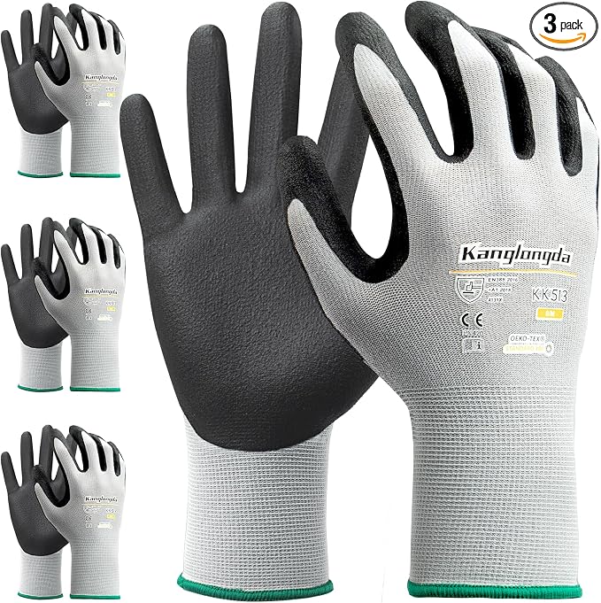 3-Paris Large Work Gloves for Men and Women, Nitrile Coated Safety Protective by KEBADA