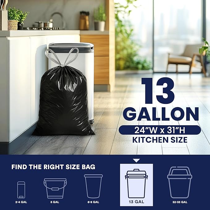 Plasticplace 13 gallon Extra Tall Drawstring Kitchen Trash Bags | Black 1.2 Mil - Image 3