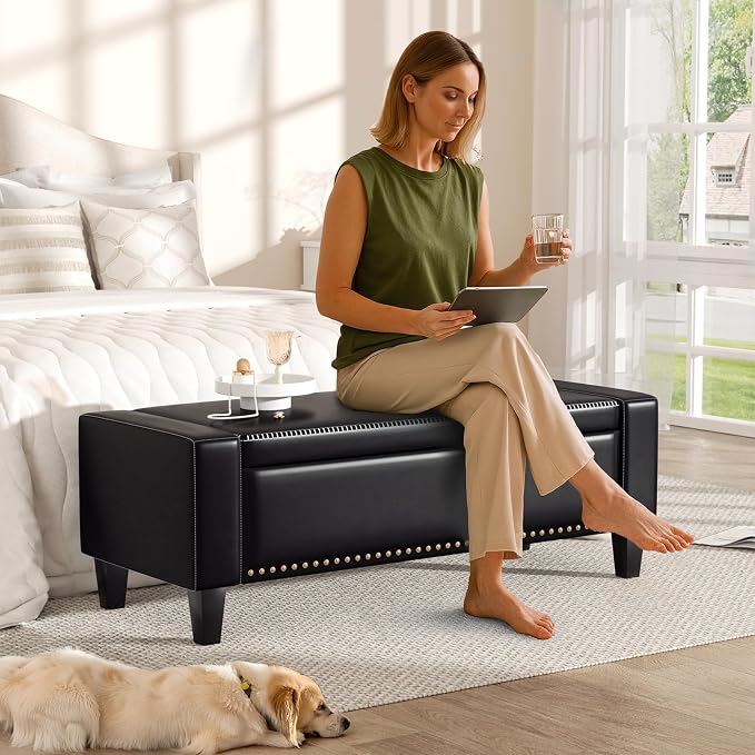 48.8" Storage Ottoman Bench Black | Faux Leather Bedroom Bench - Image 3
