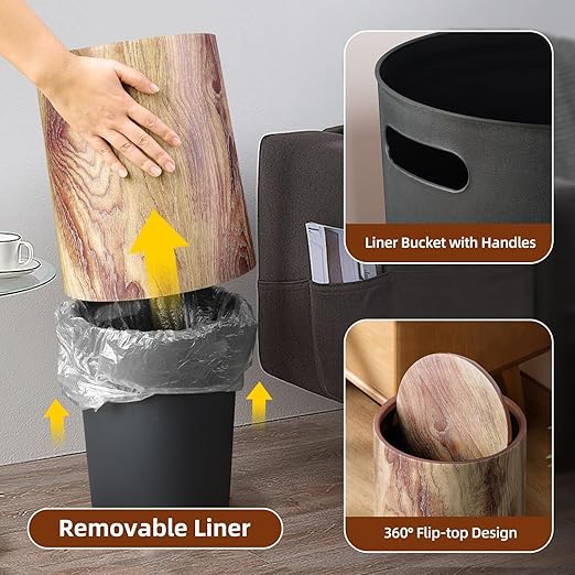 Wood Grain Plastic Trash Can Swing Top Lid, 4Gal/15L Farmhouse Wastebasket Bin - Image 3