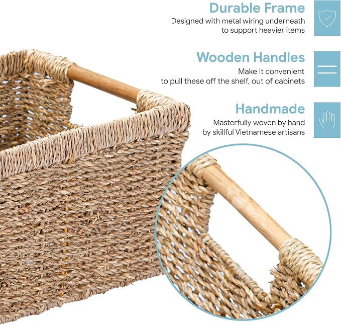 Natural Seagrass Basket with Wooden Handle, Medium Rectuangular Wicker Basket - Image 3
