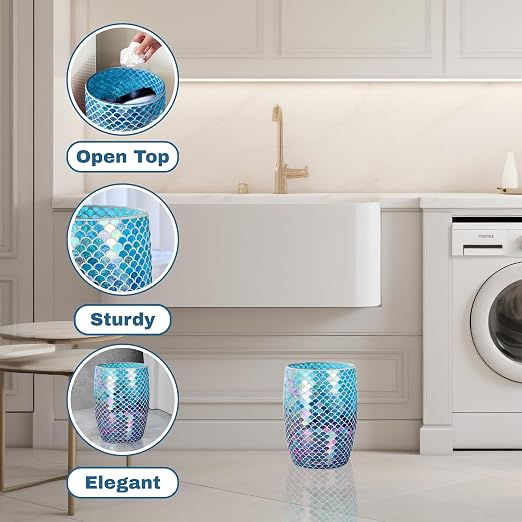 Escenzy Mermaid Bathroom Trash Can Mosaic Glass 5L | Decorative Small Garbage - Image 8