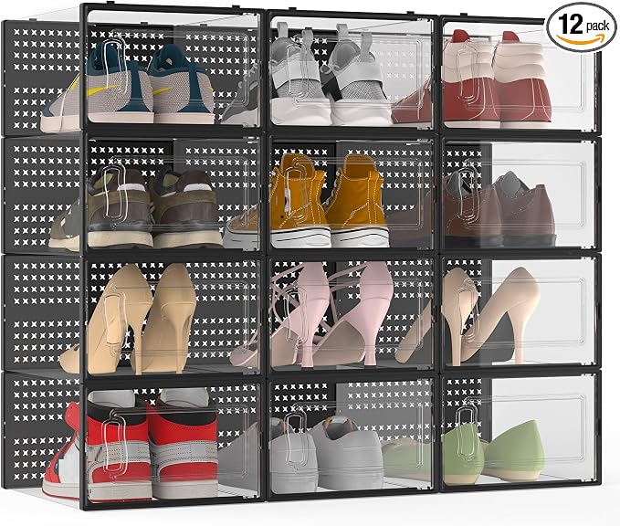 12 Pack XXX-Large Modular Clear Plastic Stackable Shoe Storage Organizer by FJFEOIYE