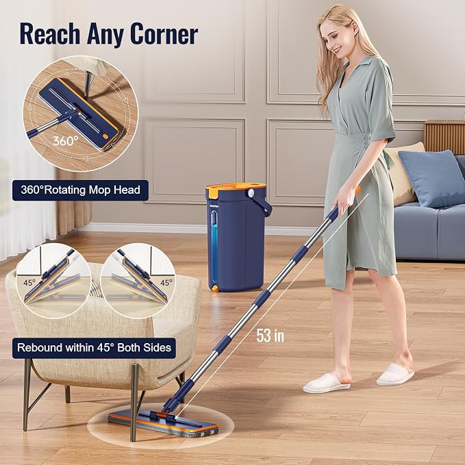 Mop and Bucket Set with Wringer, 3-Tank Flat Mop and Bucket System, Wall Mop - Image 5