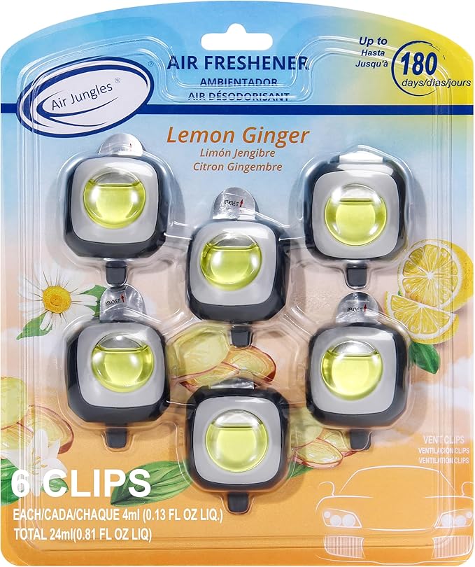 Air Jungles Lemon Ginger Scent Car Air Freshener Clip, 6 Vent Clips, 4ml Each by AirJungles