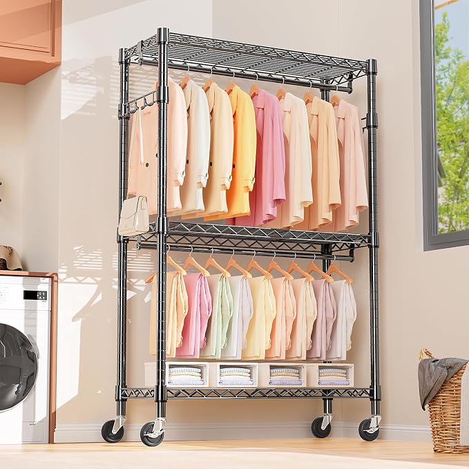 Heavy Duty Rolling Garment Rack 3 Tiers Adjustable Wire Shelving Clothes Rack - Image 7