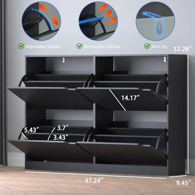 Shoe Cabinet with 4 Flip Drawers, Narrow Hidden Shoe Storage Cabinet, Slim - Image 2
