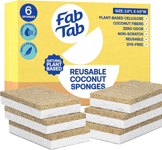 FabTab Coconut and Cellulose Sponges, Plant-Based, Non-Scratch Cleaning Sponges by FabTab