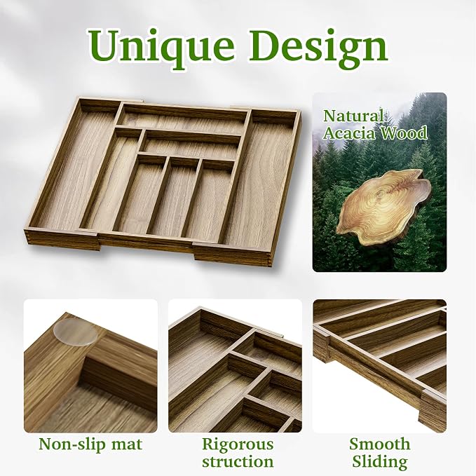Acacia Wood Kitchen Silverware Drawer Organizer, Expandable Utensil Cutlery - Image 5