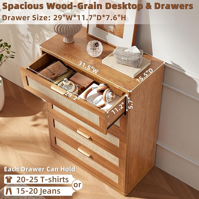 LEYAOYAO Rattan Dresser for Bedroom Set 2, Modern 5 Drawers Boho Dressers - Image 5