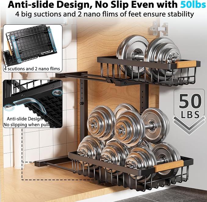 Under Sink Organizer Storage 1 pack, 2 Tier Slide Out Height Adjustable Pull - Image 6