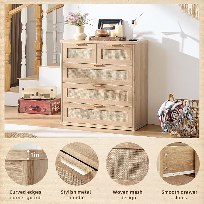 LEYAOYAO Rattan Dresser for Bedroom, 33.5" Tall Chest of Drawers, Modern 5 - Image 7