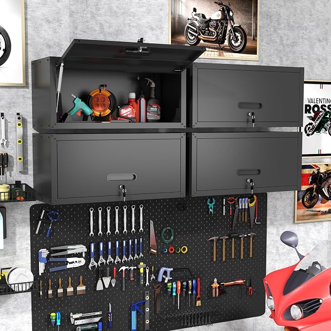 Garage Wall Cabinet with Flip-Up Door, Lockable Metal Storage Cabinet Wall - Image 2