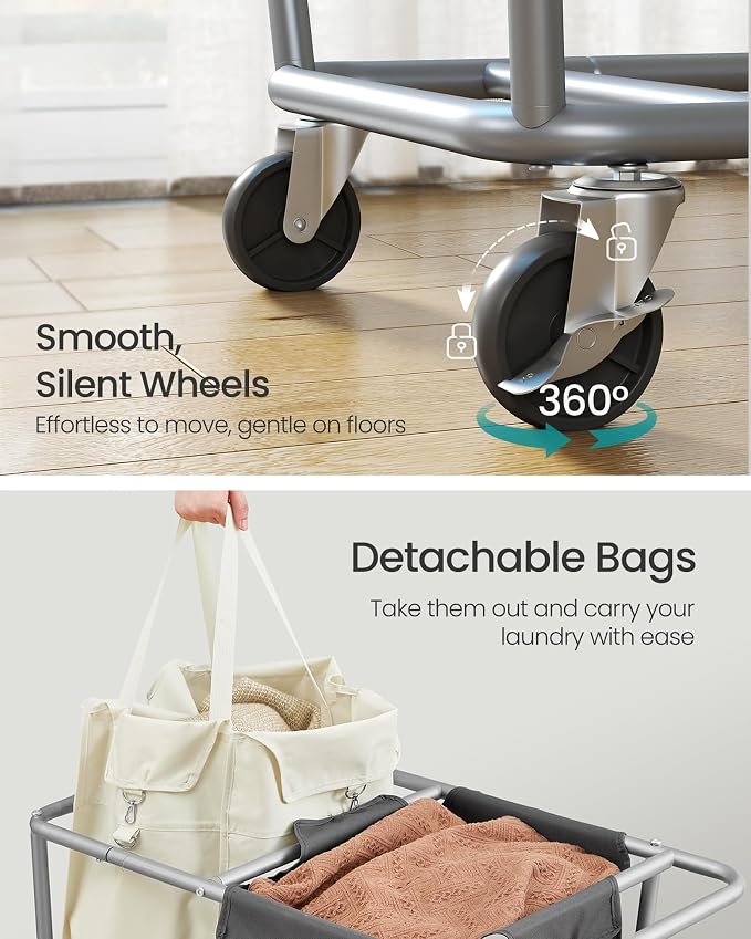 SONGMICS Laundry Basket with Wheels, 50.2 Gallons, 2-Section Rolling Laundry - Image 5