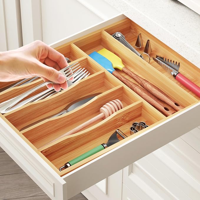 BAMEOS Bamboo Silverware Drawer Organizers, 11.9 inch Utensil Drawer Organizer - Image 6