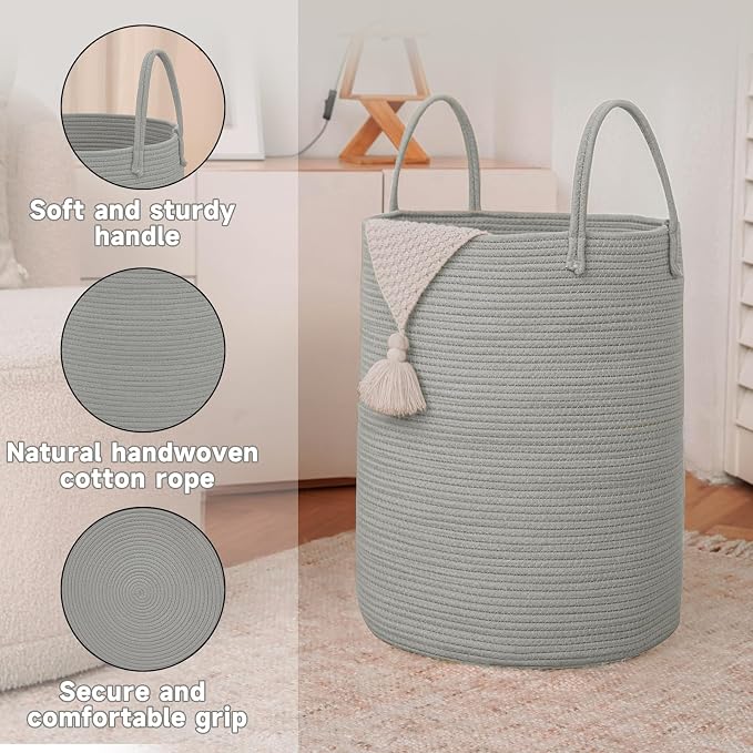 Large Woven Laundry Basket Hamper, 80L Cotton Rope Storage Bin - Image 6