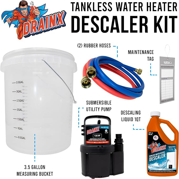 DrainX Tankless Water Heater Flushing Kit Includes Submersible Pump, Liquid - Image 2