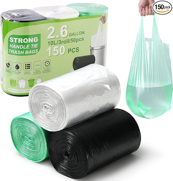 2.6 Gallon Trash Bag 150 Count, Unscented Strong Handle Tie Garbage Bags Fit 10 by Hawnn
