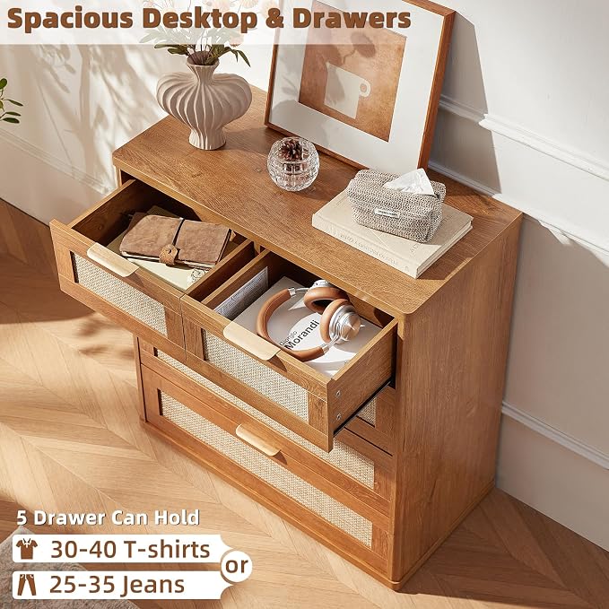LEYAOYAO Rattan Dresser for Bedroom, 33.5" Tall Chest of Drawers, Modern 5 - Image 5