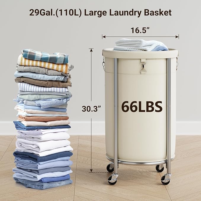 ELYKEN Laundry Hamper with Wheels, 110L Rolling Laundry Basket, Round Laundry - Image 3