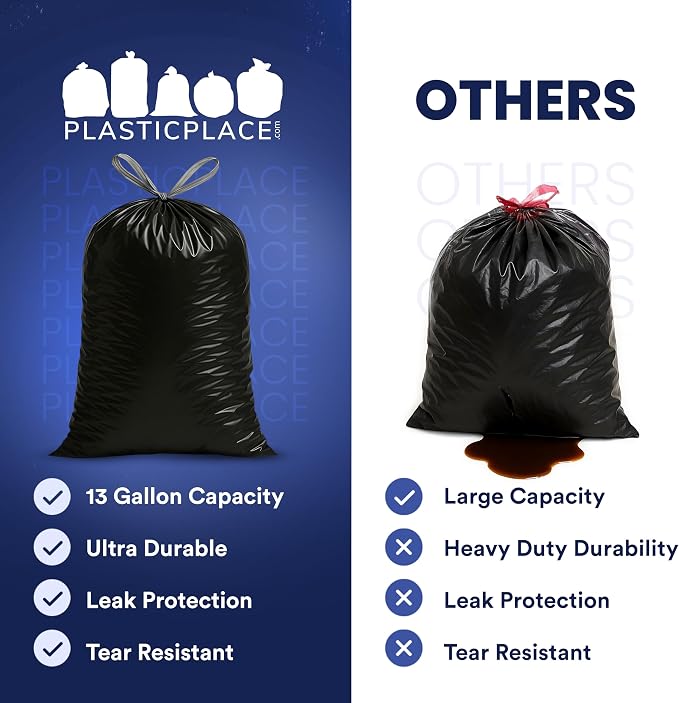 Plasticplace 13 gallon Extra Tall Drawstring Kitchen Trash Bags | Black 1.2 Mil - Image 5
