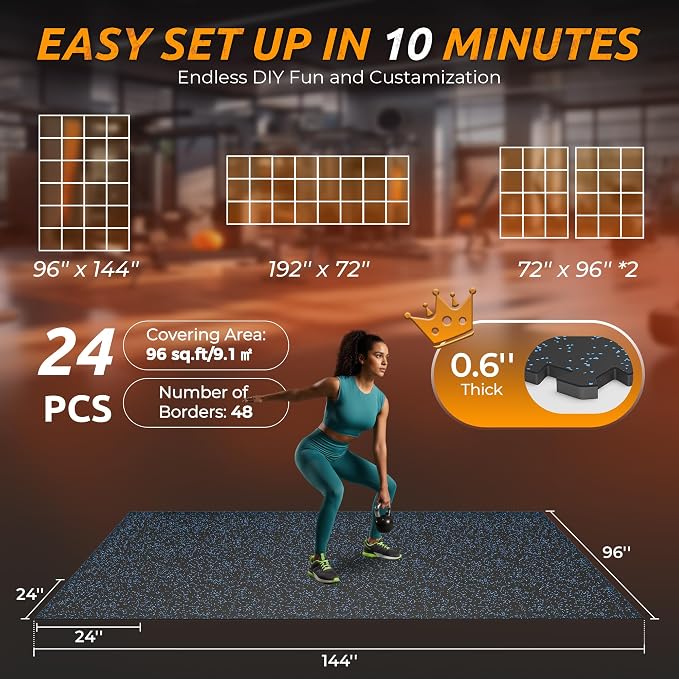PRAISUN 0.6" Thicker Gym Mat, 24 Tiles 96 Sq Ft Workout Mats, Interlocking Foam - Image 5
