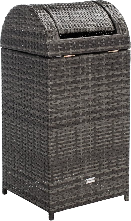 SAFAVIEH Outdoor Collection Mazeli Grey Brown Woven Swing Top Dome Lid Trash - Image 5