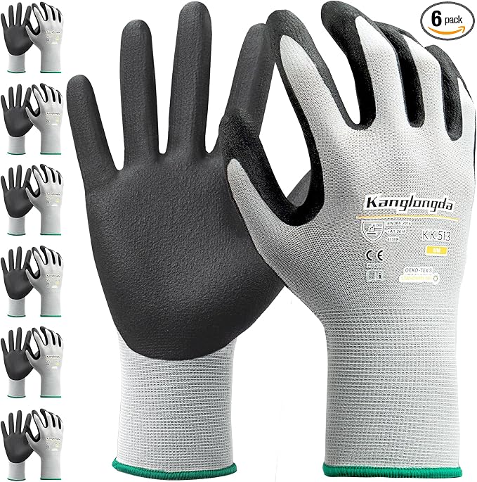 6-Paris Medium Work Gloves for Men and Women, Nitrile Coated Safety Protective by KEBADA