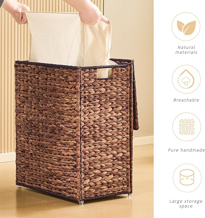 Handwoven Laundry Basket with Lid, Natural Water Hyacinth Storage Basket with - Image 6