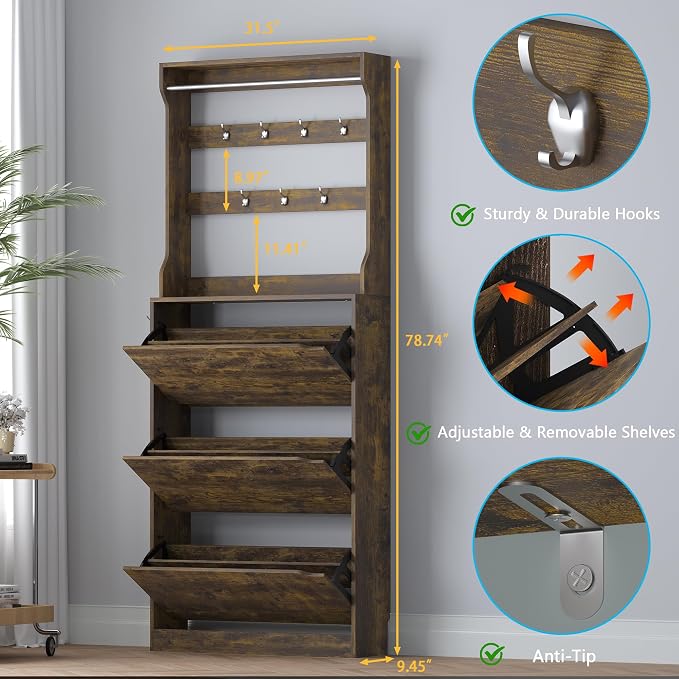 Shoe Cabinet with 3 Flip Drawers & Coat Rack, Narrow Hidden Shoe Storage Cabinet - Image 2