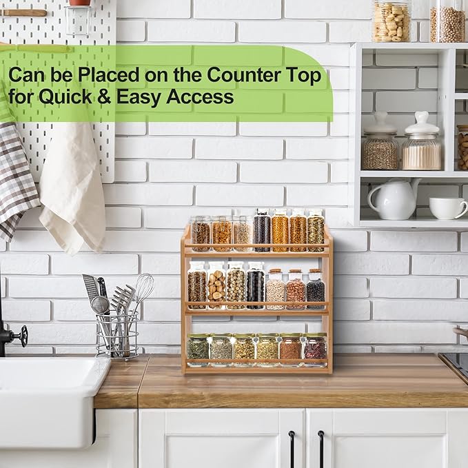 3 Tier Bamboo Spice Rack, Seasoning Jars Rack Shelf Spice Organizer - Image 3