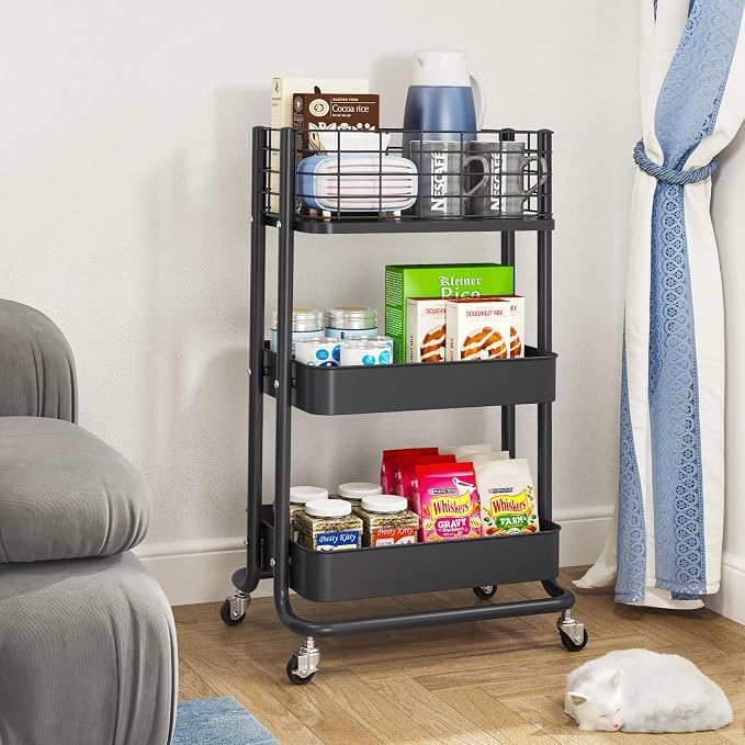 KINGRACK 3 Tier Rolling Cart, Metal Mobile Storage Shelf - Image 5