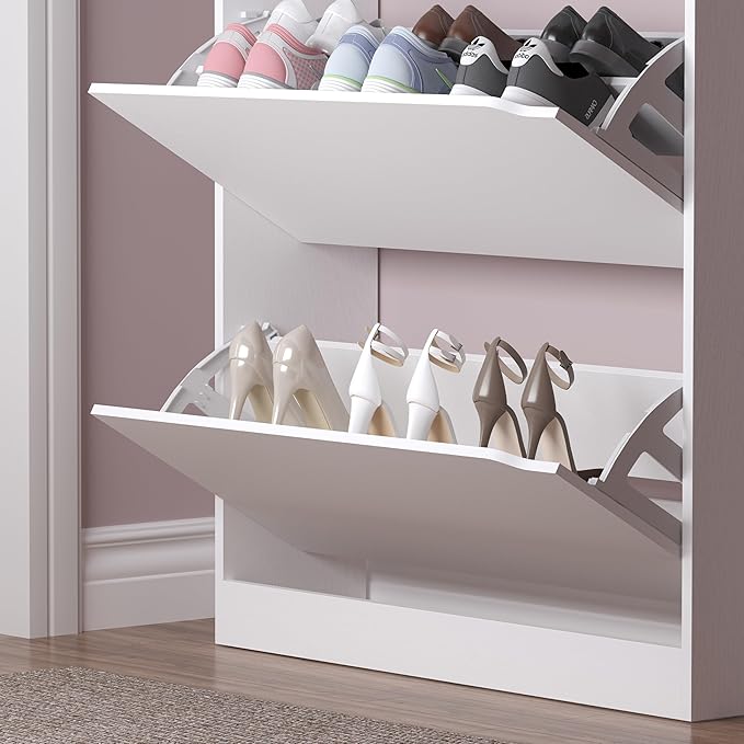 Shoe Cabinet with 3 Flip Drawers & Coat Rack, Narrow Hidden Shoe Storage Cabinet - Image 6