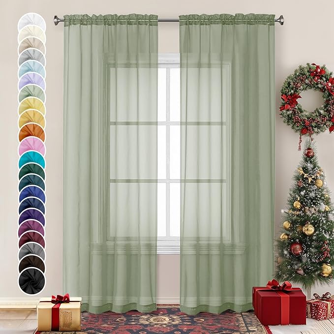 Chyhomenyc Sage Green Sheer Curtains 84 inches Long 2 Panels, Light Filtering by Chyhomenyc