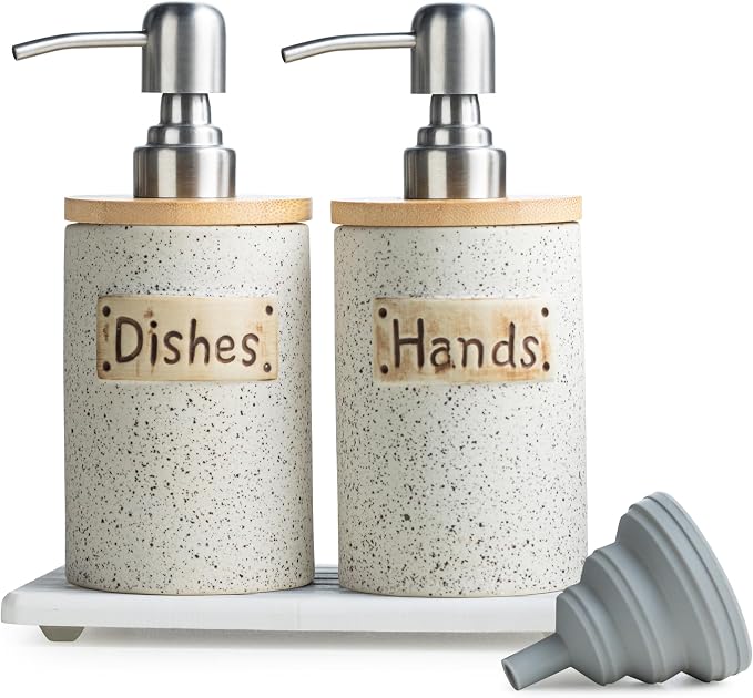 Kitchen Soap Dispenser Set, Ceramic Hand and Dish Soap Dispenser Set by YHOSSEUN