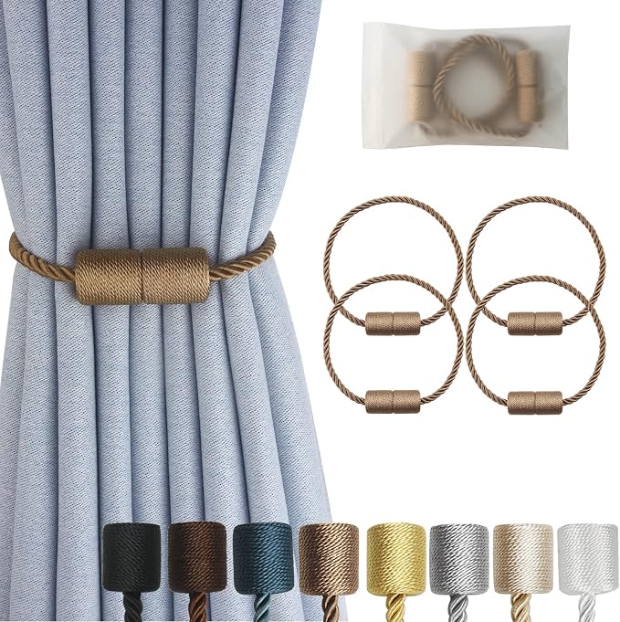 Magnetic Curtain Tiebacks 4 Pack Khaki Curtain Rope Tieback Curtain Holders by CURTAINTIEBACKS